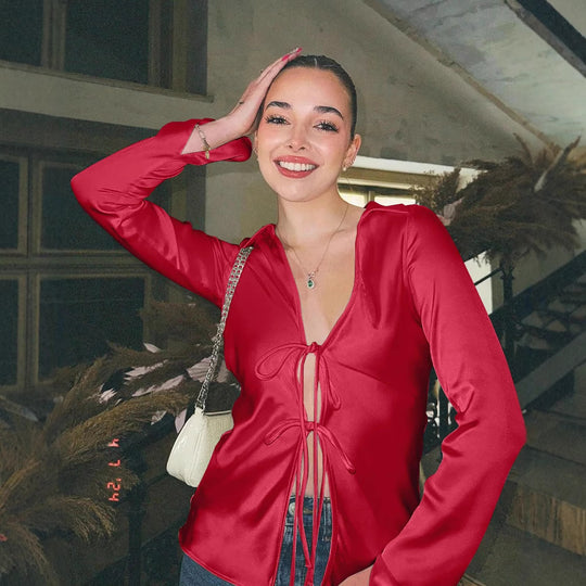 Damen elegante Bluse mit Schnürung und weitem Ärmel Heidi-Mode