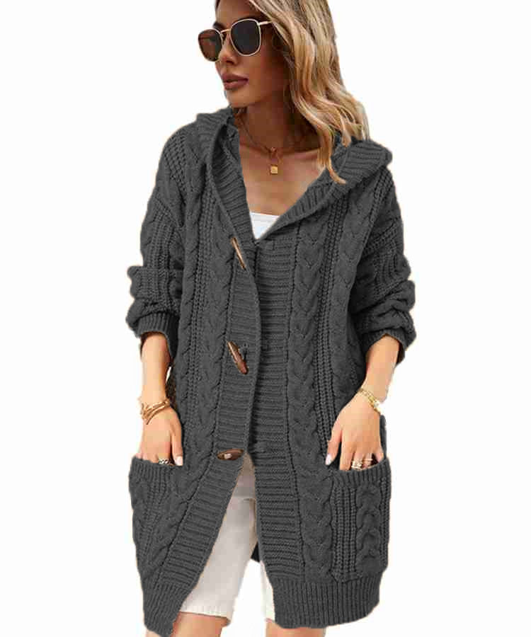 Damen Strickjacke mit Kapuze und Knopfdetails Heidi-Mode