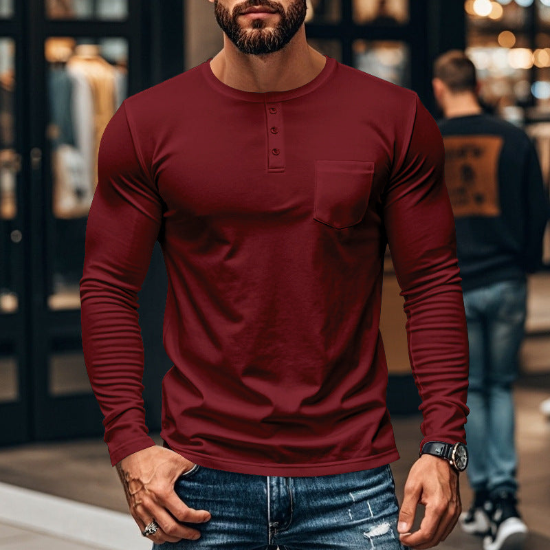 Herren Langarmshirt mit Knopfleiste und Brusttasche Heidi-Mode