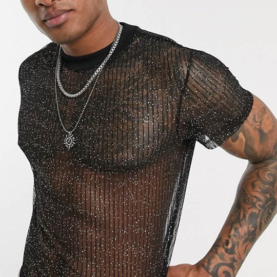 Herren Hochwertiges Mesh-T-Shirt mit glitzerndem Effekt Heidi-Mode