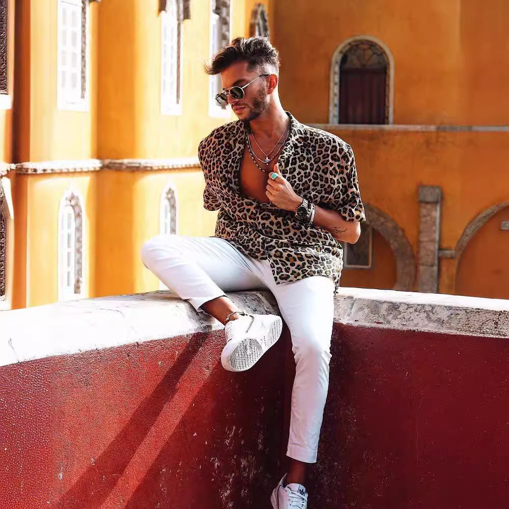 Herren Kurzarm-Hemd mit modernem Leopardenmuster und lässigem Schnitt Heidi-Mode