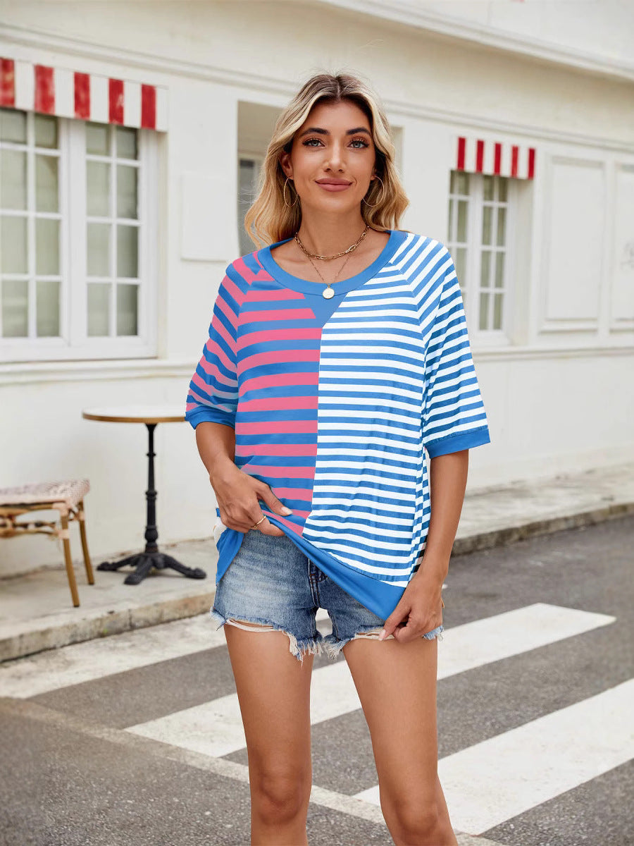 Heidi Mode | Gestreifte farblich passende Rundhalsausschnitt lose kurze Ärmel