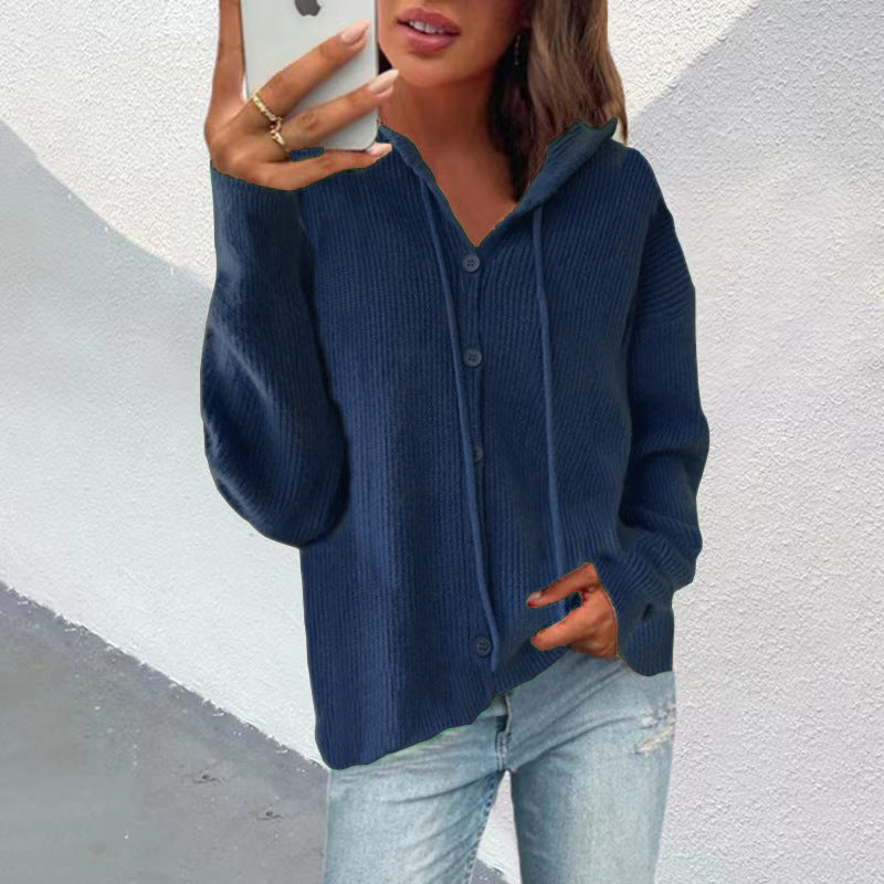 Damen Strickjacke mit Kapuze und Knopfleiste Heidi-Mode