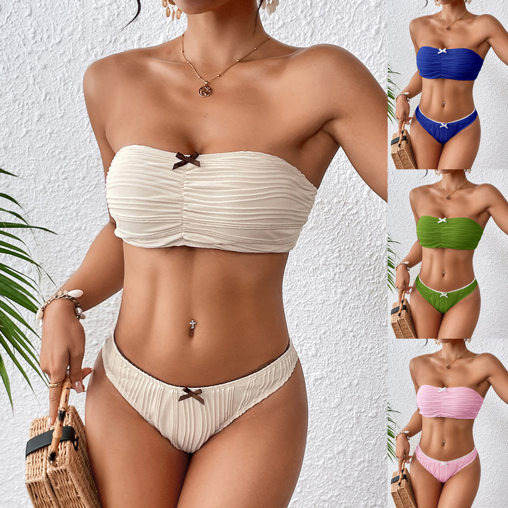 Damen Bandeau-Bikini Set mit raffinierten Falten und zierlichem Schleifenakzent Heidi-Mode