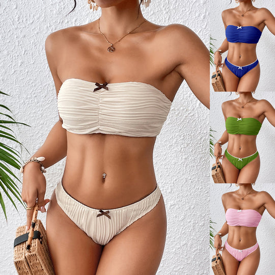 Damen Bandeau-Bikini Set mit raffinierten Falten und zierlichem Schleifenakzent Heidi-Mode