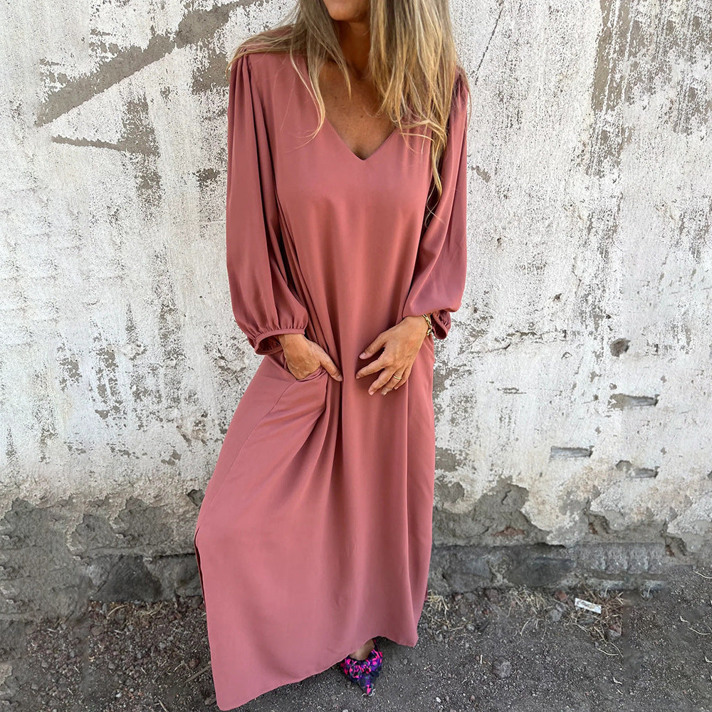 Damen Maxi-Kleid mit eleganten Puffärmeln und seitlichen Schlitzen Heidi-Mode