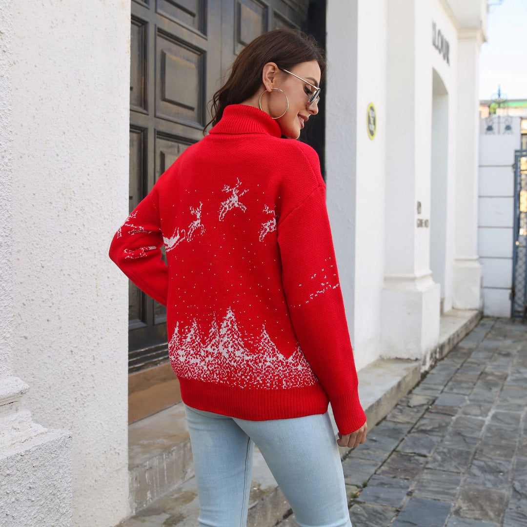 Damen Kuscheliger Weihnachtspullover mit hohem Kragen und festlichem Motiv Heidi-Mode