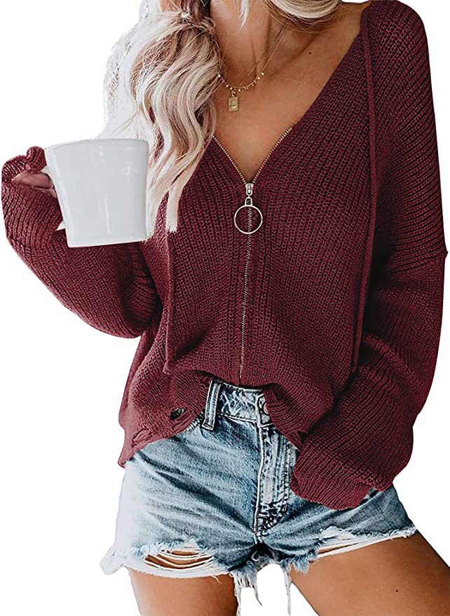 Damen V-Ausschnitt Strickpullover mit Reißverschluss Heidi-Mode