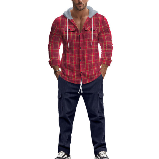 Herren gemusterte Kapuzenshirtjacke mit karierter Struktur und praktischen Taschen Heidi-Mode