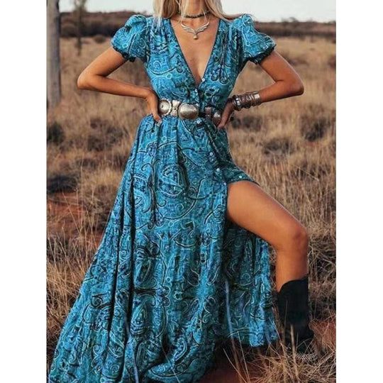 Heidi-Mode | Damen Kurzarm Paisleymuster Knopf Maxikleid