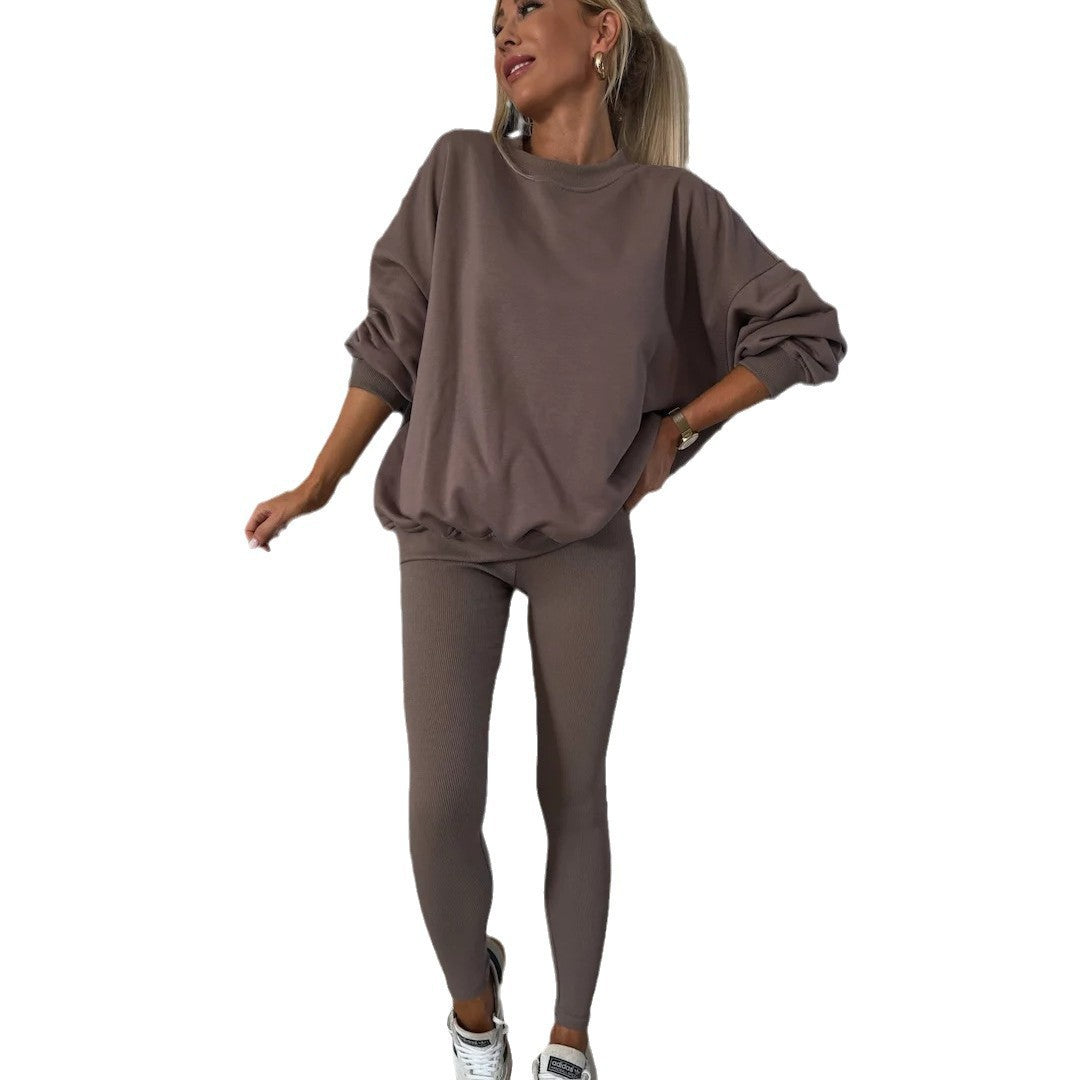 Damen lässiges Baumwoll-Lounge-Set mit Rundhalsausschnitt und engen Leggings Heidi-Mode