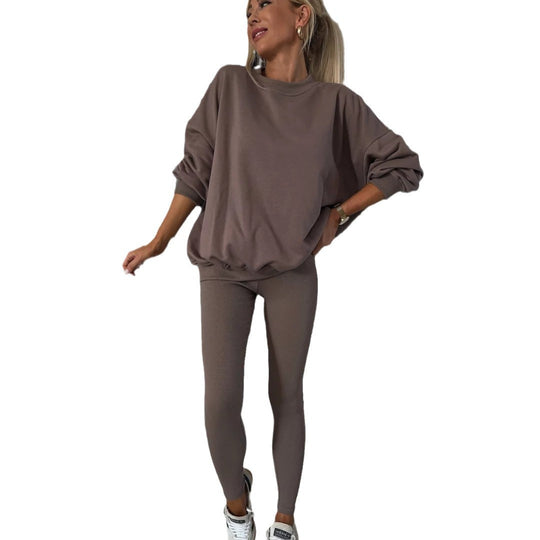 Damen lässiges Baumwoll-Lounge-Set mit Rundhalsausschnitt und engen Leggings Heidi-Mode