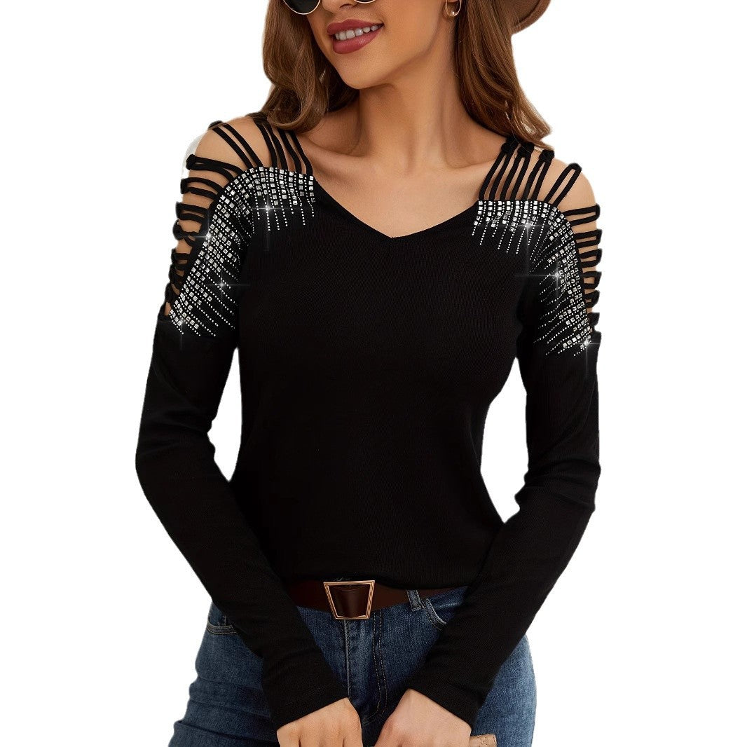 Damen Langarmshirt mit offenen Schultern und Strassverzierung Heidi-Mode