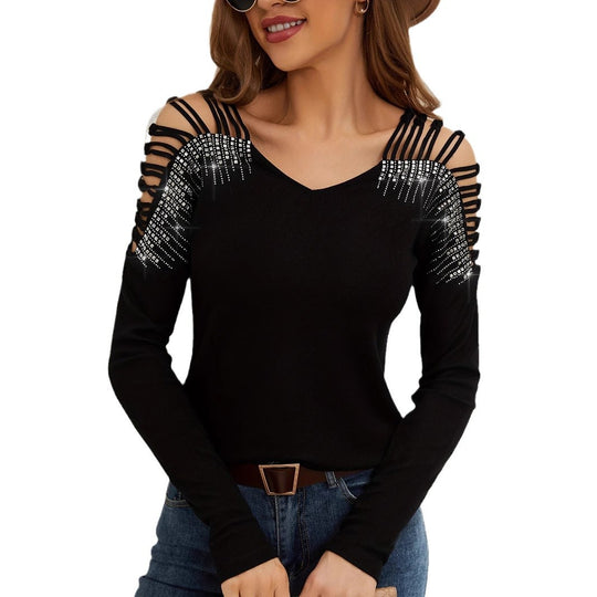 Damen Langarmshirt mit offenen Schultern und Strassverzierung Heidi-Mode