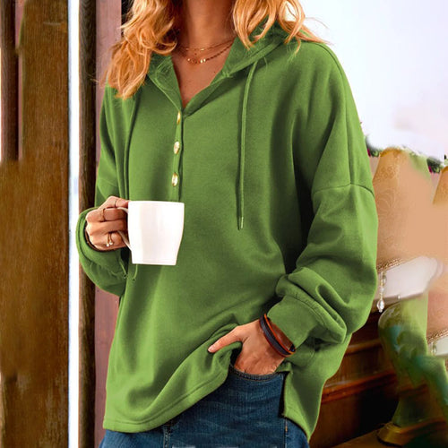 Damen gemütlicher Kapuzenpullover mit Knopfdetails und lockerer Passform Heidi-Mode