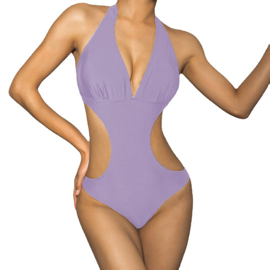 Damen Cut-Out Badeanzug mit verstellbarem Halsband und tiefem V-Ausschnitt Heidi-Mode