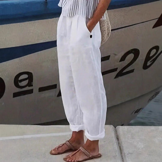 Damen Leichte und luftige Leinenhose mit elastischem Hüftbund und Seitentaschen Heidi-Mode