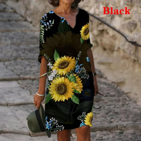 Damen Floral Druck Midi Kleid mit V-Ausschnitt und kurzen Ärmeln Heidi-Mode