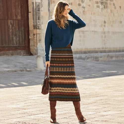 Damen Maxiröcke mit modernem Ethnomuster und elastischem Bund Heidi-Mode