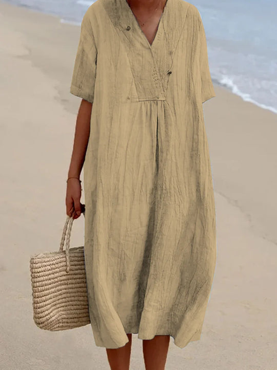 Damen lässiges Midi-Kleid mit V-Ausschnitt und bequemen Kurzärmeln Heidi-Mode