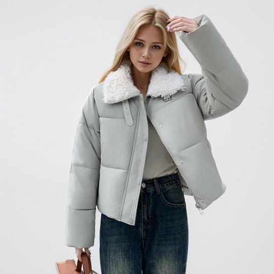 Damen kurze, gefütterte Winterjacke mit elegantem Kunstfellkragen Heidi-Mode