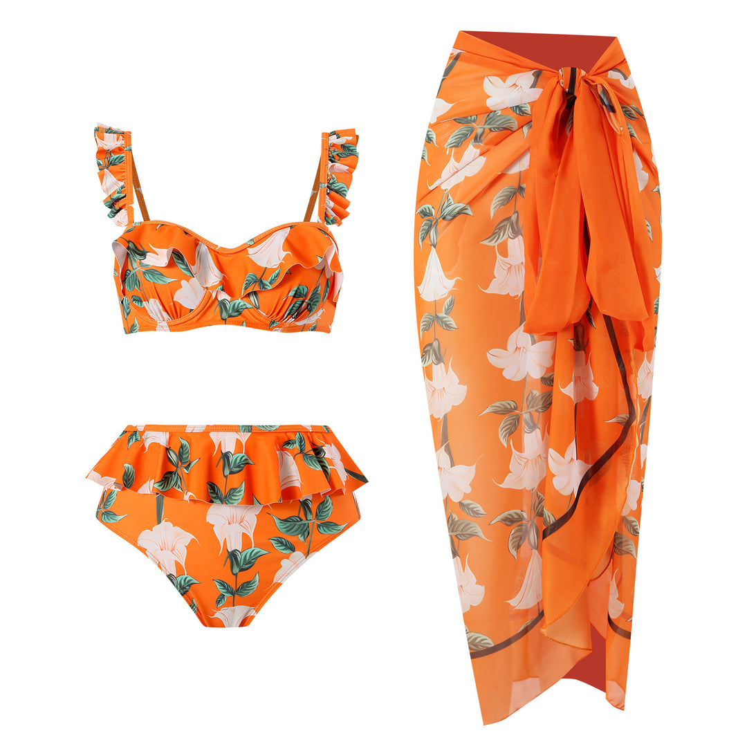 Damen Bikini-Set mit floralem Rüschendesign und passendem Wickelrock Heidi-Mode
