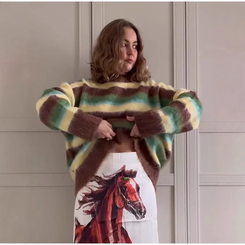 Damen Oversized Strickpullover mit farbenfrohen Streifen Heidi-Mode