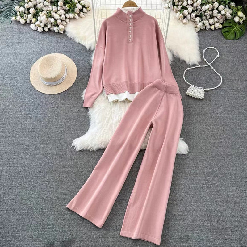 Damen Loungewear-Set mit hoher Rippstruktur und Knopfdetaillierung Heidi-Mode