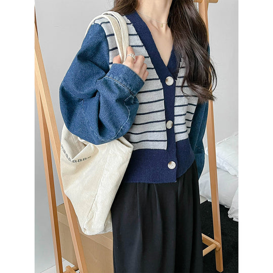 Damen modische Strickjacke mit modernen Streifen-Design und Raglanärmeln Heidi-Mode
