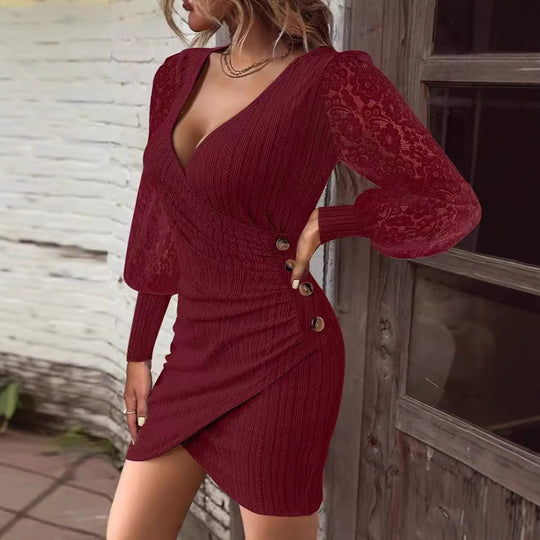 Damen Kurzarm Kleid mit raffinierten Spitzenärmeln und elegantem Wickeldesign Heidi-Mode