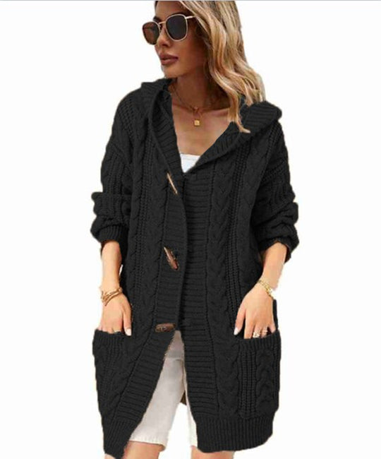 Damen Strickjacke mit Kapuze und Knopfdetails Heidi-Mode
