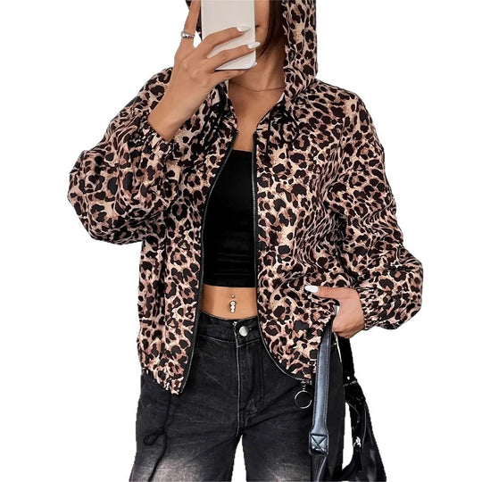 Damen leichte Kapuzenjacke im trendigen Leopardenmuster Heidi-Mode