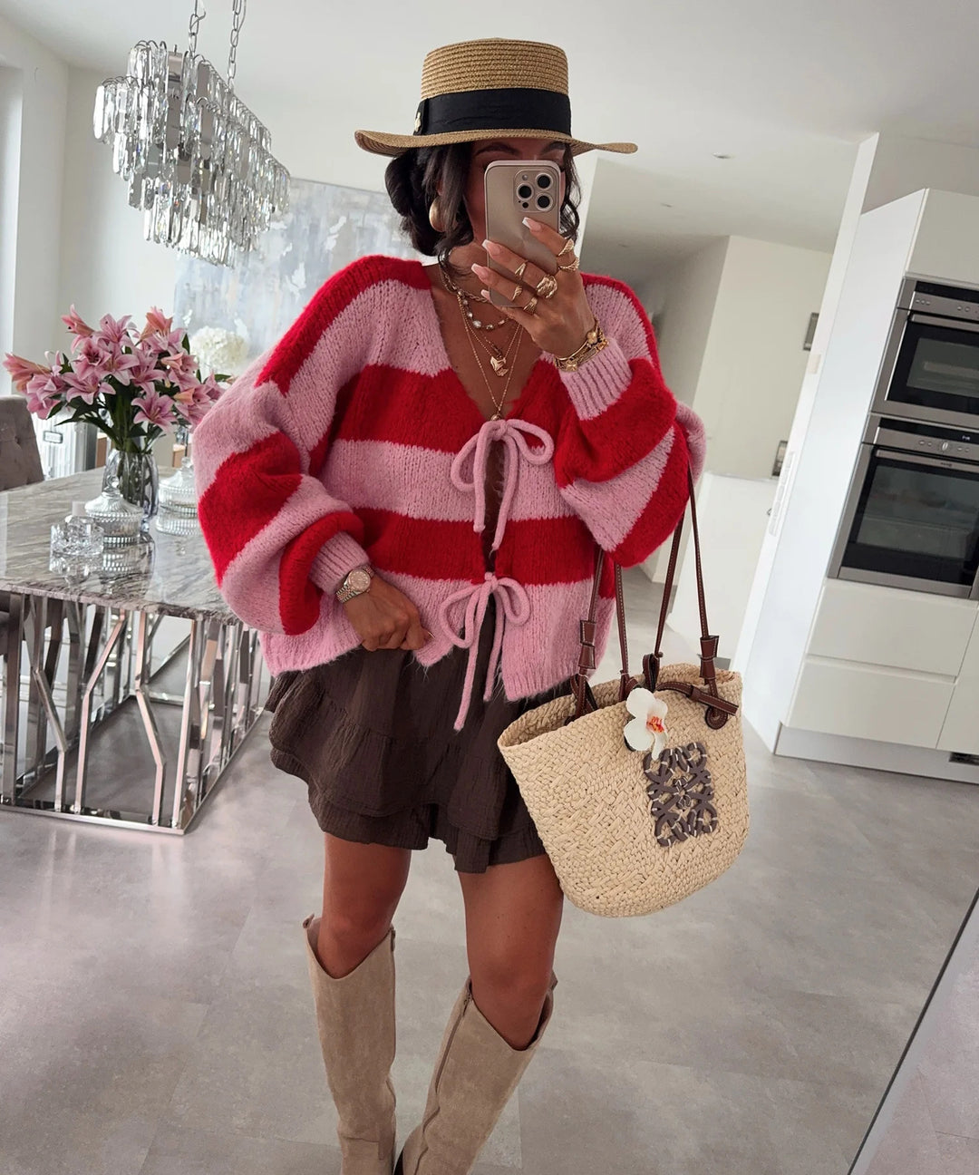 Damen lockere Strickjacke mit breiten Streifen und Bindegürtel Heidi-Mode