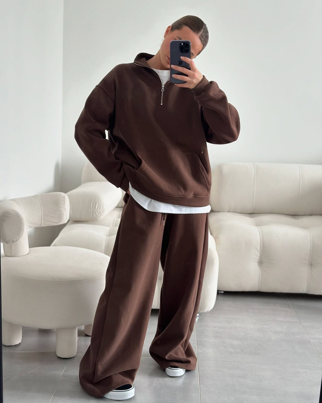 Damen gemütliches Fleece-Loungewear-Set mit hochgezogenem Kragen und lockerer Passform Heidi-Mode