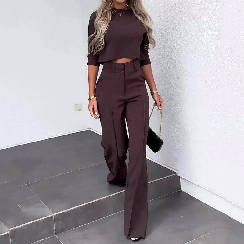 Damen Kombination aus cropped Oberteil und weit geschnittenen Hose Heidi-Mode