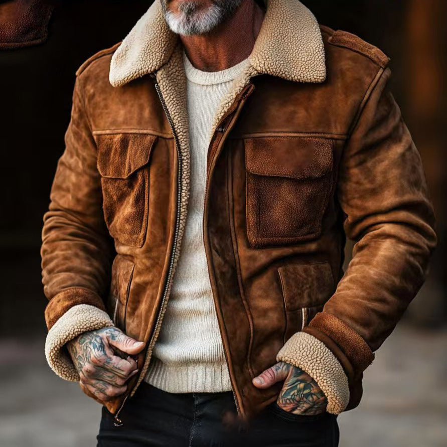 Herren Lederjacke mit warmem Sherpa-Futter und praktischen Taschen Heidi-Mode
