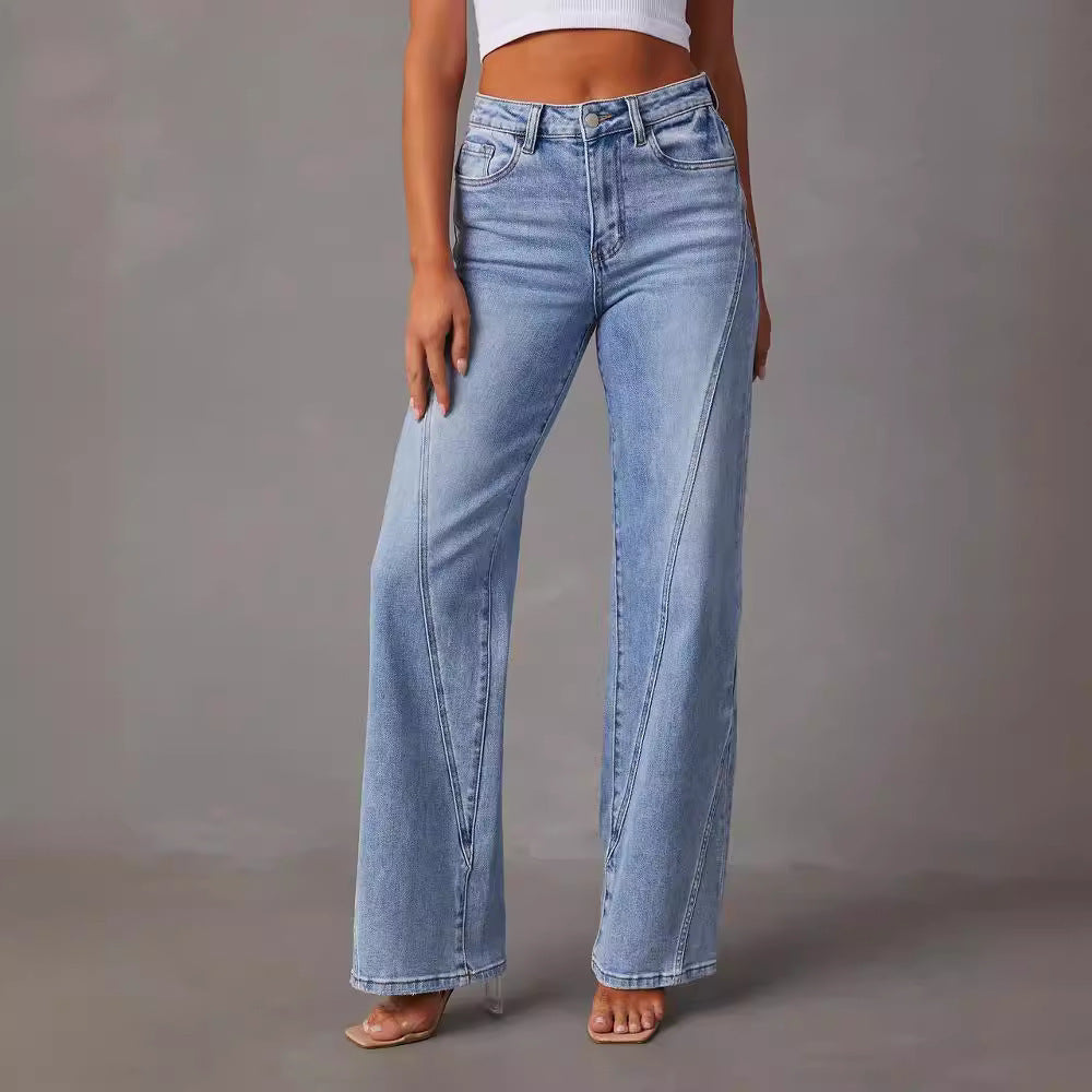 Damen lässige Weitbein-Jeans mit hohem Bund und eleganten Nahtdetails Heidi-Mode