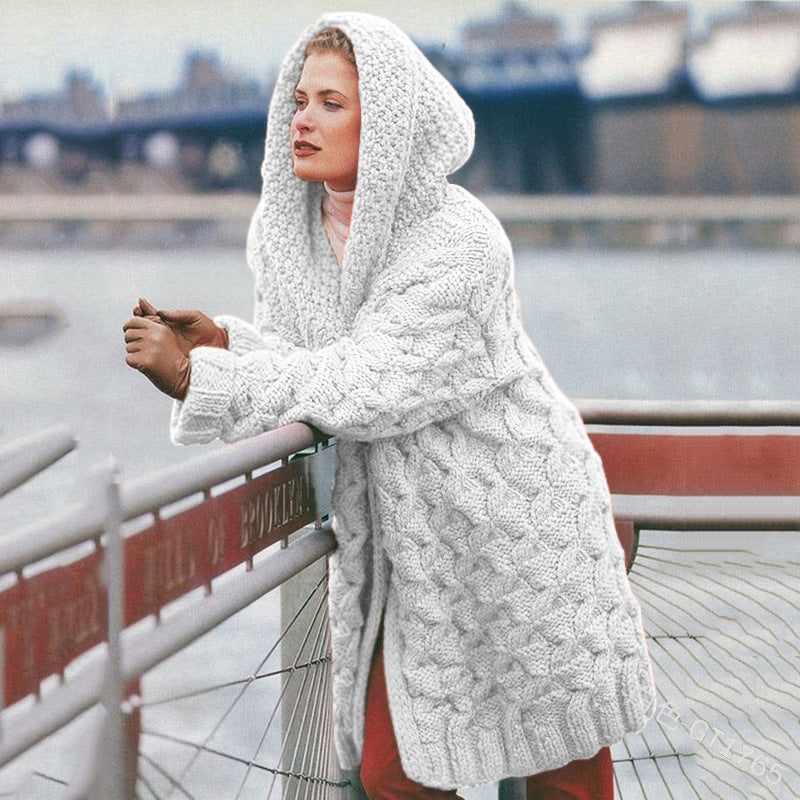 Damen oversized Grobstrickmantel mit Kapuze Heidi-Mode