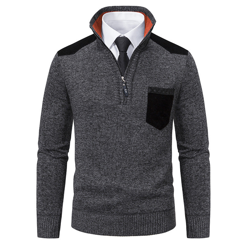Herren Stehkragen Pullover mit Reißverschluss und kontrastierenden Details Heidi-Mode
