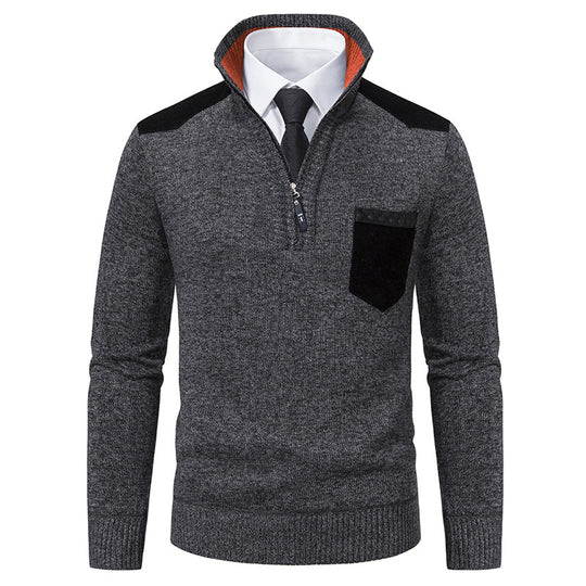 Herren Stehkragen Pullover mit Reißverschluss und kontrastierenden Details Heidi-Mode