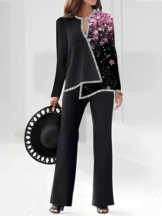 Heidi-Mode | 3D Digitaldruck V-Ausschnitt asymmetrisches Shirt- und Hosen-Set
