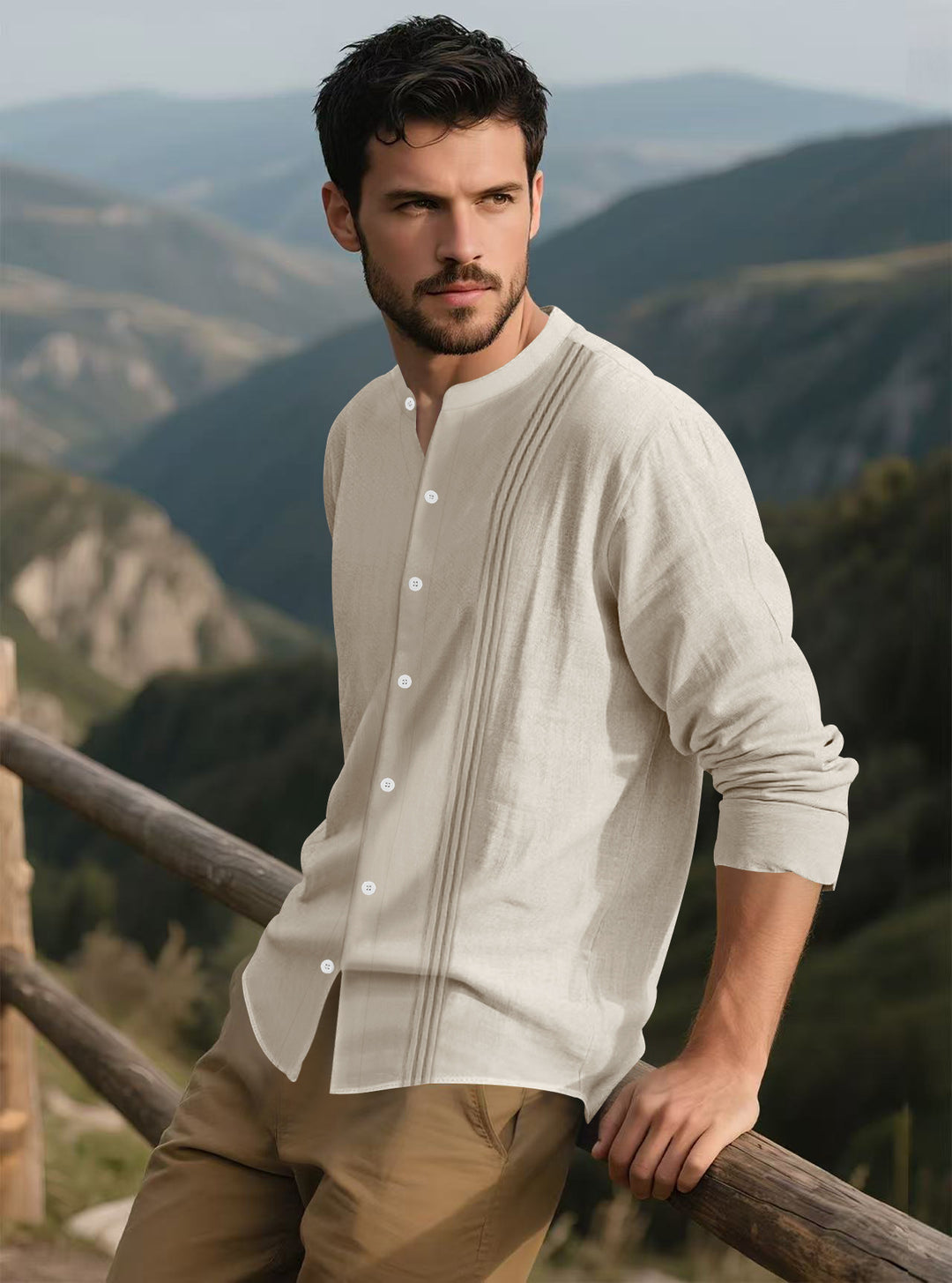 Herren Langarm-Hemd mit Stehkragen und modischen Akzenten Heidi-Mode