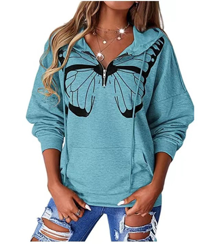 Damen lässiger Kapuzenpullover mit Schmetterlingsdruck und Halber Reißverschluss Heidi-Mode