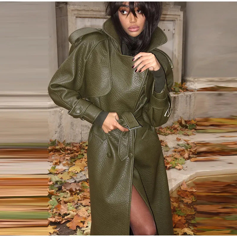 Damen Oversized Kunstleder-Trenchcoat mit hohem Kragen und abnehmbaren Gürtel Heidi-Mode