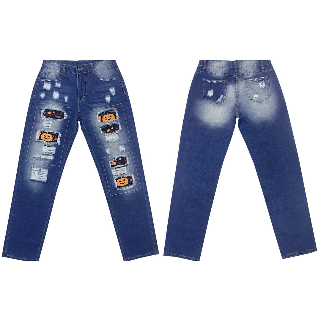 Damen Ripped Jeans mit Halloween-Motiv Heidi-Mode