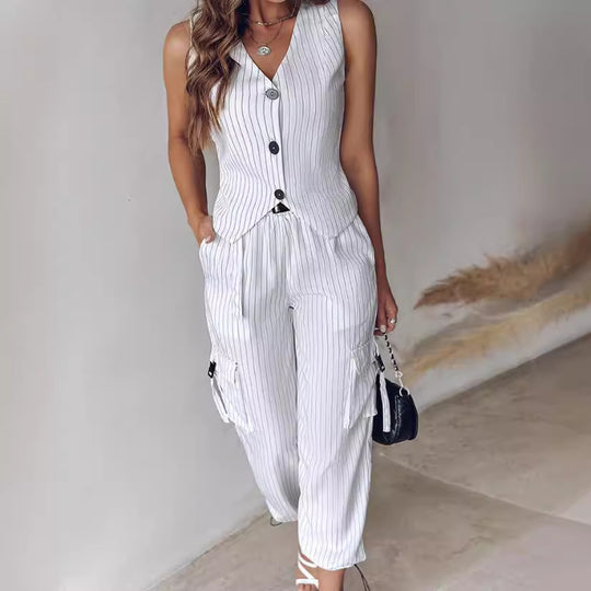 Damen modisches Overall-Set mit tailliertem Oberteil und cargo inspirierten Hosen Heidi-Mode