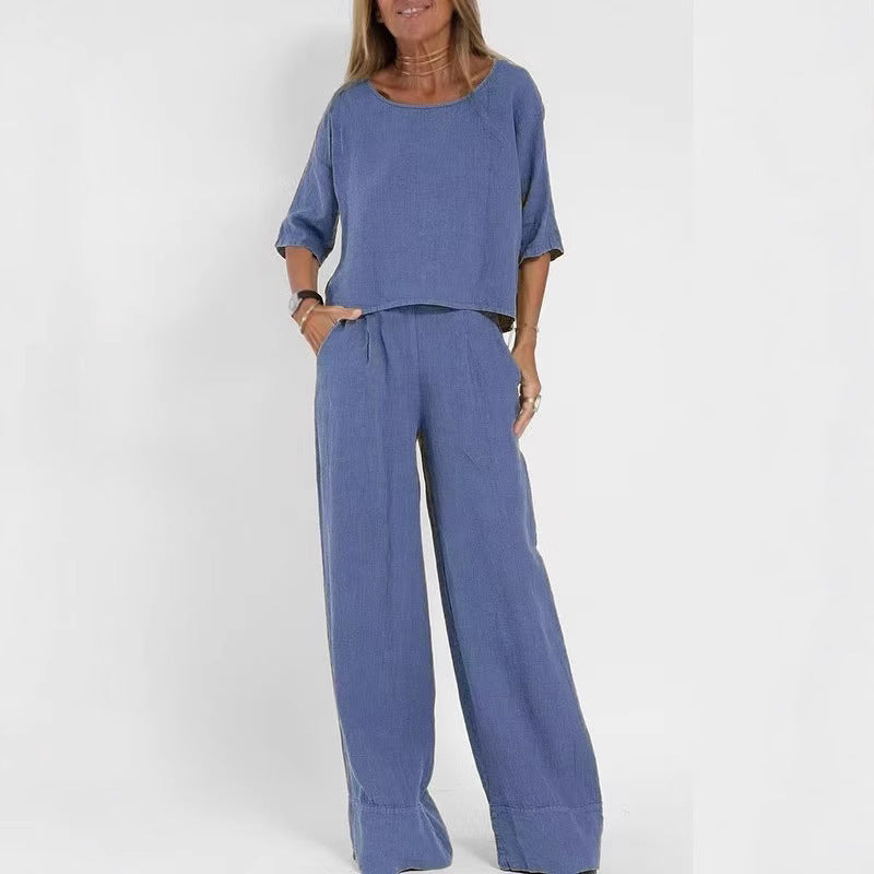 Damen luftiges Leinen-Ensemble mit weitem Schnitt und praktischen Taschen Heidi-Mode