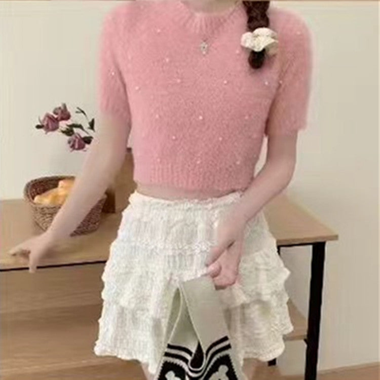 Damen cropped Pullover mit zarten Perlen Heidi-Mode