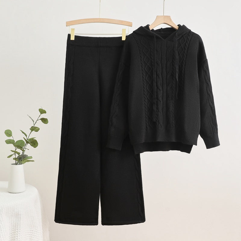 Damen lässiges Strick-Loungewear-Set mit Kapuze und breiten Beinen Heidi-Mode