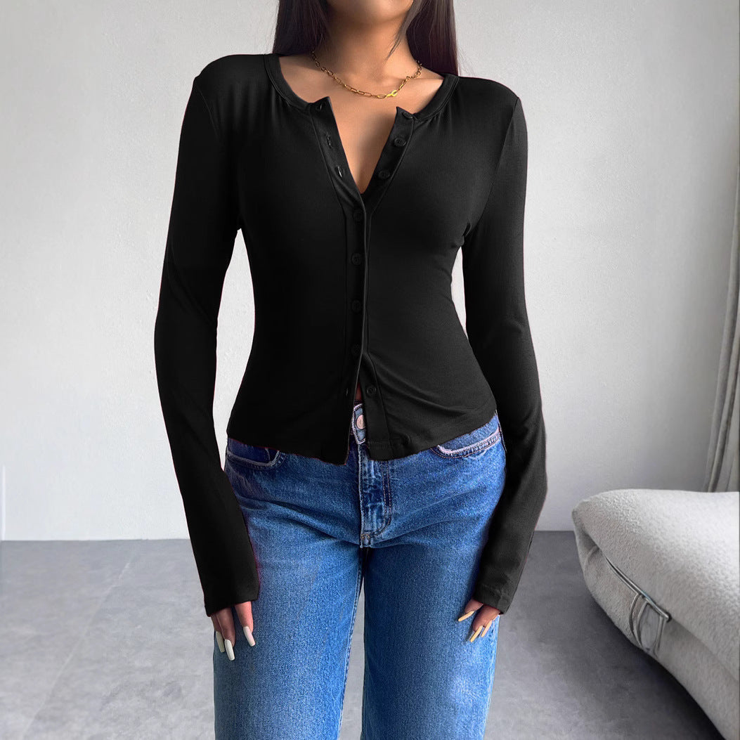 Damen Langarmshirt mit modischer Knopfleiste und figurschmeichelndem Schnitt Heidi-Mode
